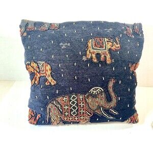 Large Elephant Tote Shopping Bag Black Woven Beaded India 15 x 13 Double Handle